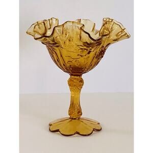 Fenton Cabbage Rose Amber Glass Pedestal Candy Bowl Ruffled Edge Rim 6" tall